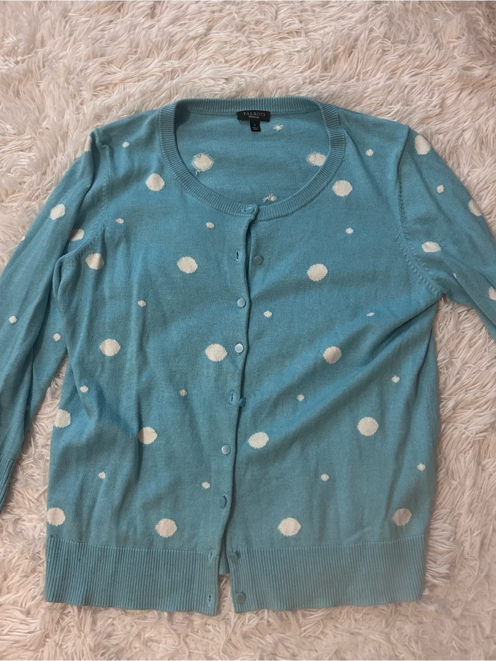 Talbots Teal Blue Polka Dot Button-Front Cardigan